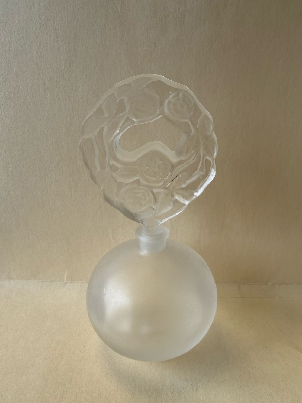 Vintage Czech Frosted Perfume Scent Bottle with Elaborate Rose Stopper.